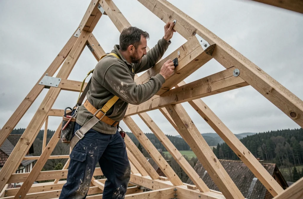Charpentier couvreur d'ALP Construction assemblant une charpente en bois sur un chantier en Bourgogne-Franche-Comté