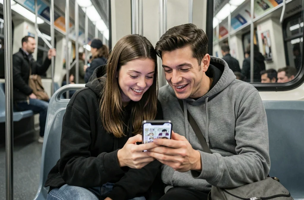 Deux amis lisant ensemble des chapitres de manga sur smartphone dans les transports en commun parisiens
