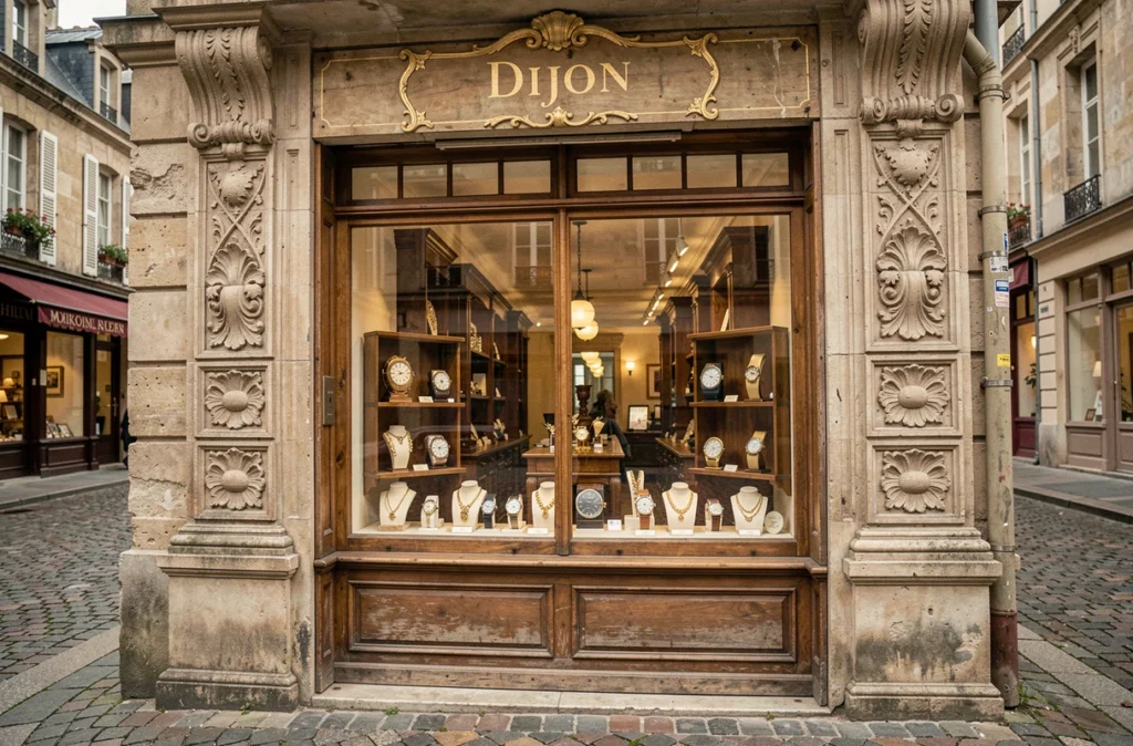 Devanture de la bijouterie-horlogerie André Ferney dans le quartier historique de Dijon avec montres et bijoux en vitrine
