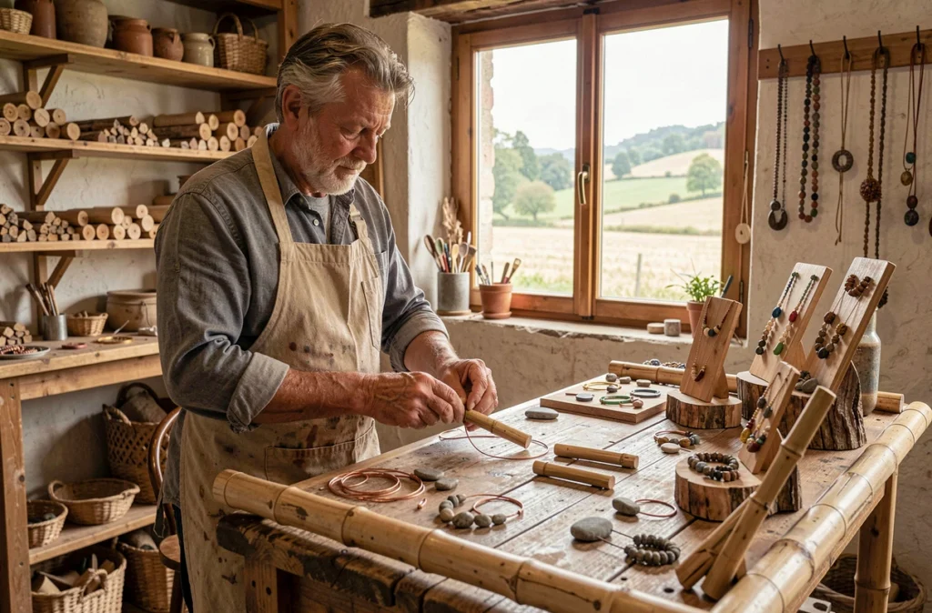 Artisan bijoutier de l'Atelier du Bambou à Onans façonnant un bijou artisanal avec des matériaux naturels dans son atelier rural