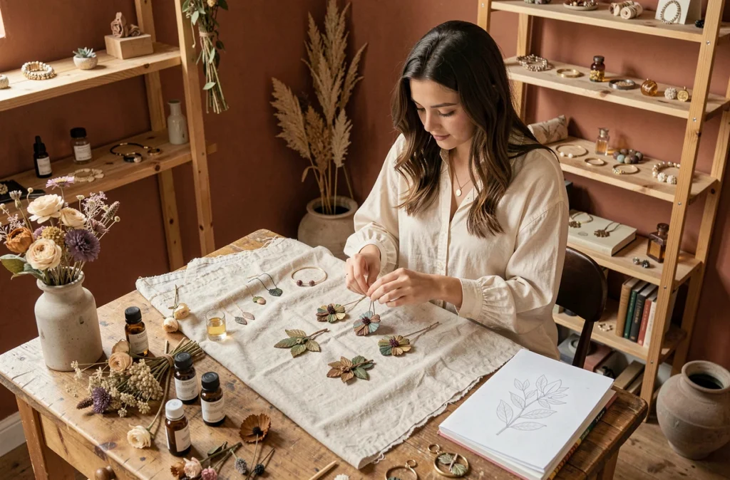 Créatrice des Ateliers du Parfumeur à Dijon arrangeant des bijoux botaniques artisanaux sur tissu de lin