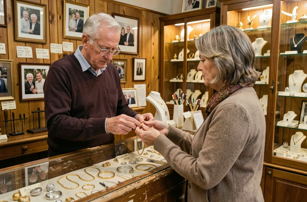 Bijoutier de la bijouterie familiale Gautheron à Dijon présentant un bracelet en or à une cliente