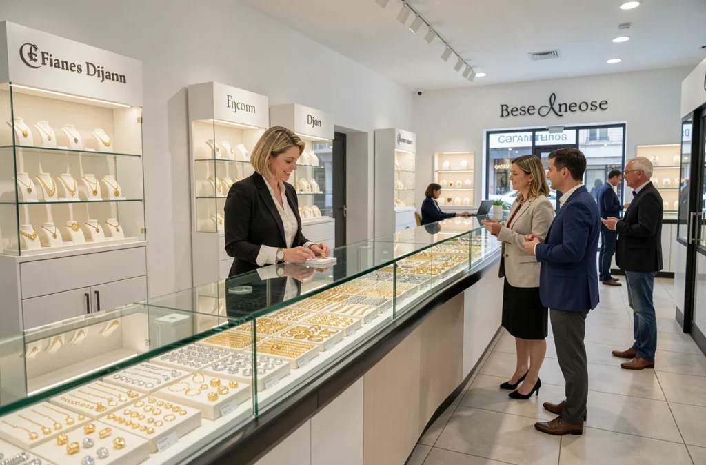 Intérieur de la bijouterie MATY à Dijon avec comptoir d'exposition et conseillère aidant des clients