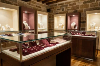 Intérieur d'une bijouterie élégante en Bourgogne-Franche-Comté avec des vitrines remplies de bijoux sur fond de murs en pierre