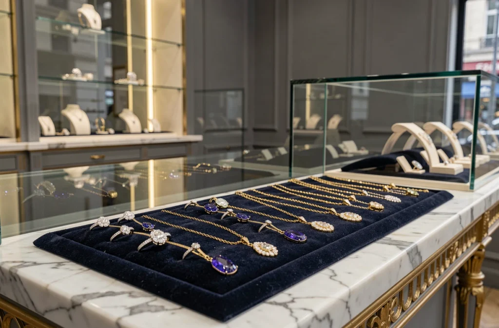 Vitrine de haute joaillerie avec diamants et saphirs sur velours marine chez Borde Joaillier à Dijon