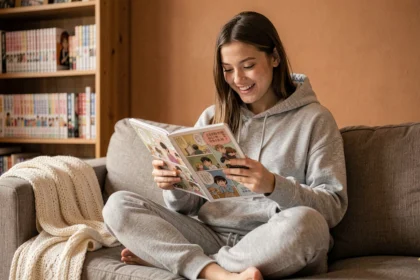 Jeune femme lisant des scans de manga sur une tablette installée confortablement dans son salon entouré de volumes de manga