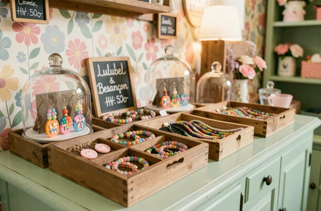 Vitrine de la bijouterie fantaisie Lulubel à Besançon avec boucles d'oreilles colorées et bracelets sur comptoir vintage