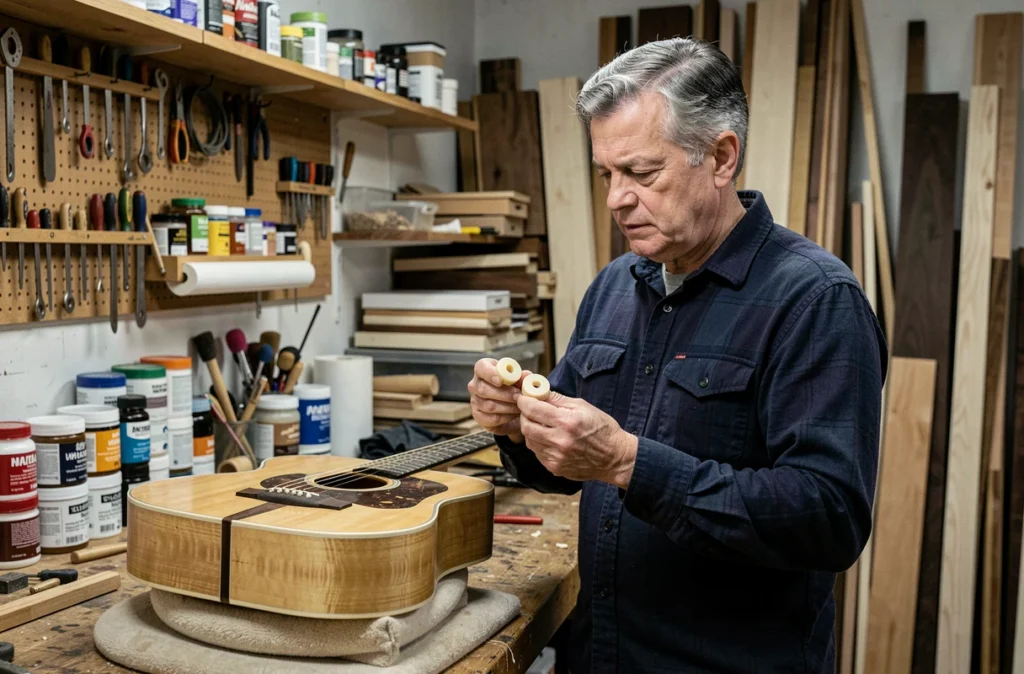Luthier comparant deux accessoires de sillet en os pour guitare acoustique dans un atelier professionnel
