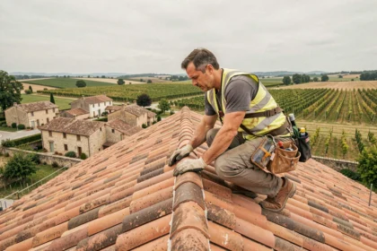 Couvreur professionnel inspecte une toiture en tuiles traditionnelles en Bourgogne-Franche-Comté avec vue sur le paysage rural