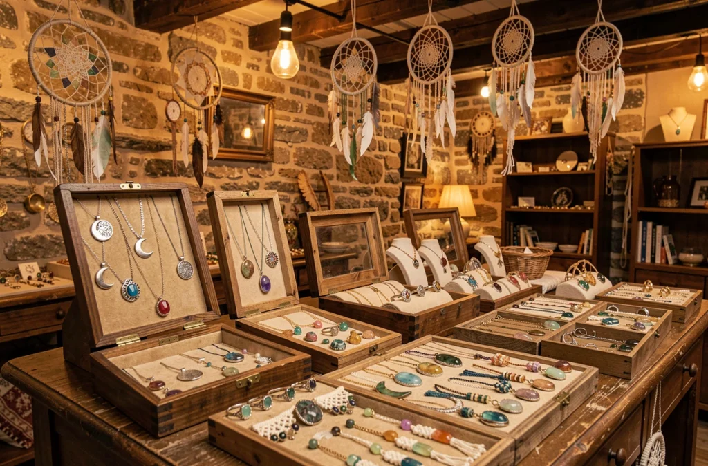 Devanture intérieure de Terre de Lune à Dijon avec bijoux fantaisie et créateurs sur présentoirs en bois rustique