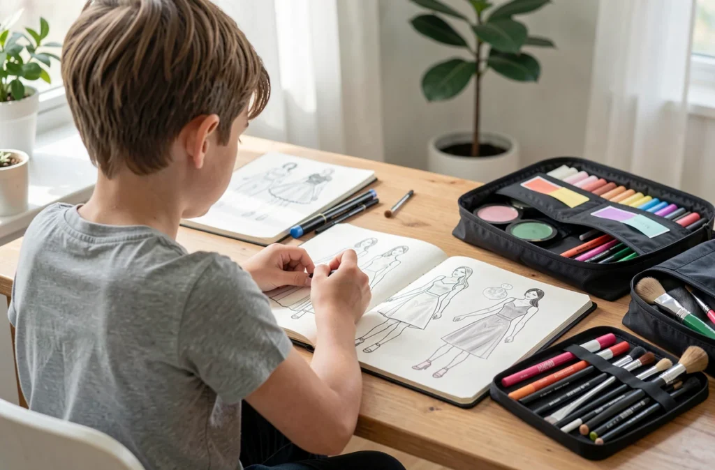 Enfant dessinant des silhouettes de mode avec un kit de stylisme