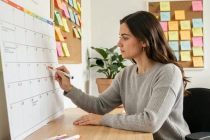 Femme organisant un calendrier 2026 avec des marqueurs de couleur pour distinguer les semaines paires et impaires