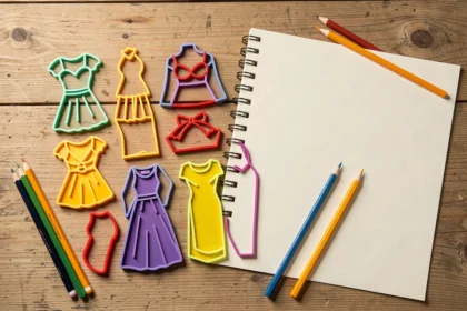 Plaques de stylisme, crayons de couleur et feuille de dessin sur une table